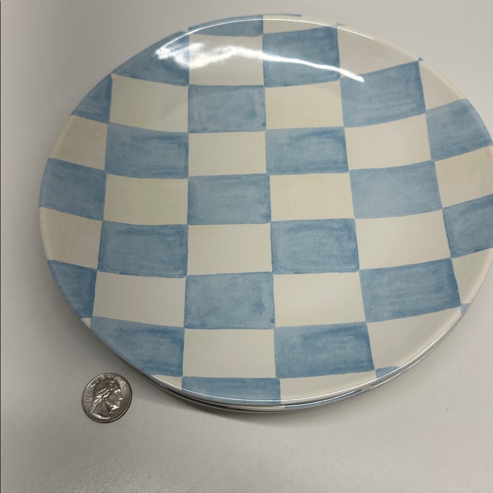Blue White Checkered Melamine Round 8.5" Salad Plates Indoor Outdoor Set of 4 - Picture 3 of 7